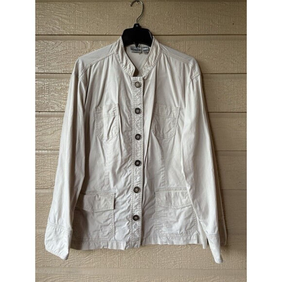 Chico's womens Utility Blazer Jacket size 3 (XL) Beige Nehru Collar Pocket Front - Picture 1 of 4